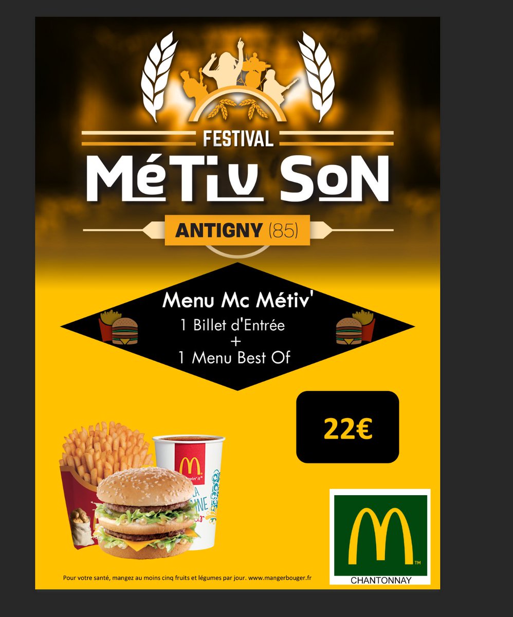 SonMetiv's tweet photo. #vendée  #Chantonnay #8Juin2019 #MenuBestof

Votre MC Donald's Chantonnay débarque avec le Mc Métiv'

Pour info : 1 menu acheter correspond à 1 place au Festival plus un menu Best Of à 4 euro seulement 😉

Palalapapa 😉 https://t.co/tLdEfcIyJ7