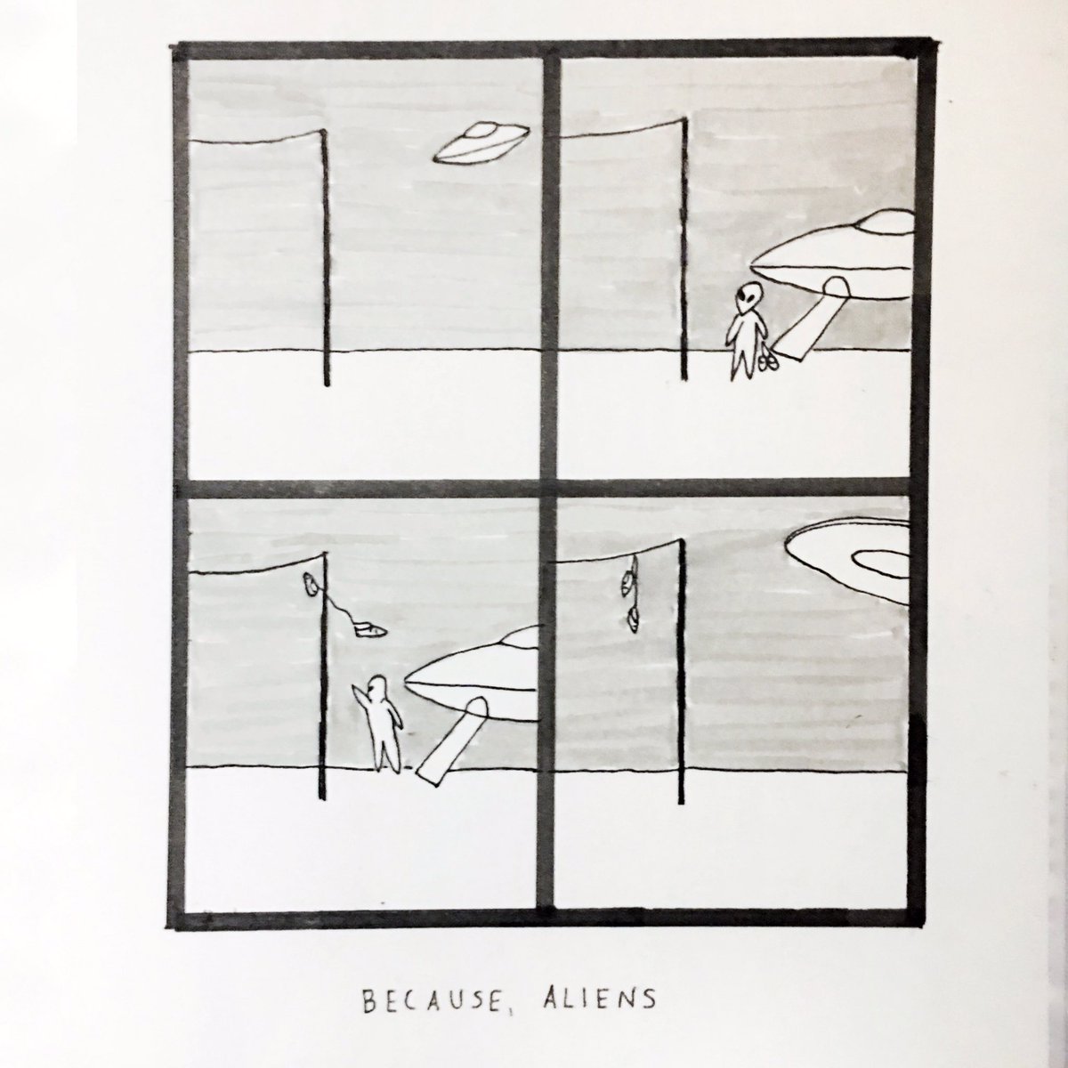 benbennybenben's tweet photo. Me & @paulavarjack have a comic. Her on themes & Me on drawings. Here's #50 on “Because Aliens” follow us: https://t.co/9Fwg7HIlnX #BABESMAKEMEACOMIC #PAULAVARJACK #BENGREGORY #comic #webcomic #plottwists #tossingtrainers #aliens #twilightzone #becausealiens #howtheygetthere https://t.co/kcPfzUslUw