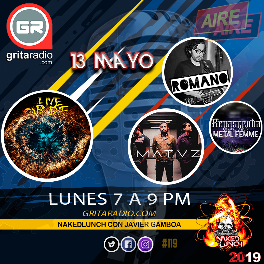 nakedlunchgr's tweet photo. Lunes 13 Mayo #programa119 @MatvzMx
 #Batallascontraeltiempo (7a730pm) #romanomusica #elsolquevaasalir @CigarroaMedios
 (730a8pm) las guapas del metal #RenascentiaMetalFemme @renascentia_mx
 (8a830pm) y para cerrar #LiveOrDie  #hellyeah (830a9pm) por @GritaRadioMusic
 #JaviGamboa https://t.co/sQV3IXqm6z