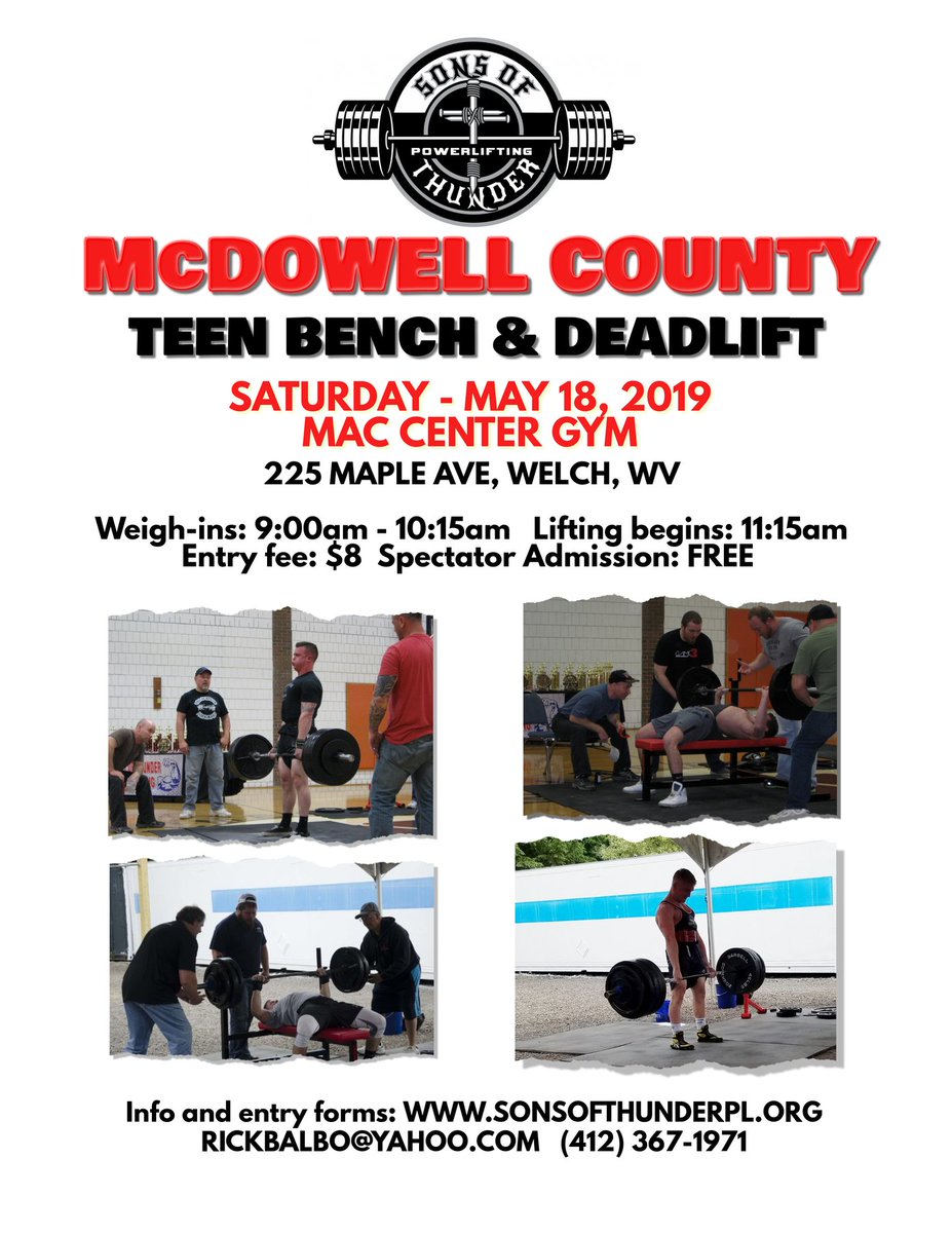 sonsofthunderpl's tweet photo. @BlueTornadoLive   Richlands FB, just a FYI for this Saturday's McDowell County Teen BP/DL in Welch.  We could use some more lifters.  Lifters can register at meet. Thanks!  Rick Balbo, cell/text: 412-335-6244, home: 412-367-1971, rickbalbo@yahoo.com,  https://t.co/bytsGvrRXt https://t.co/49OACTOukK