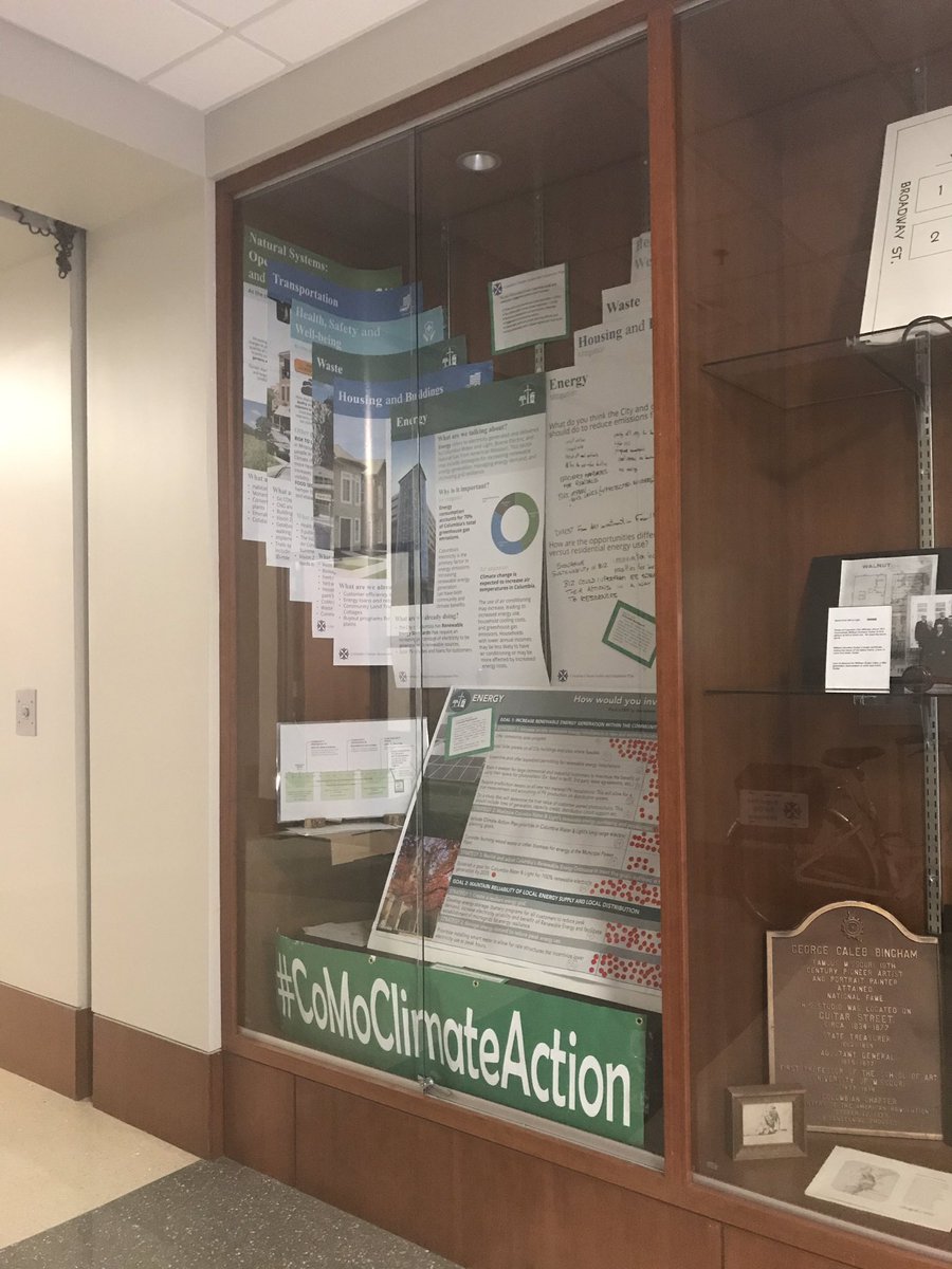 BarbaraBuffaloe's tweet photo. You know what’s hard to do? Capture  18 months of public engagement on the #CoMoClimateAction &amp; Adaptation Plan into 1 display case at @CoMoGov City Hall. #NailedIt Come visit it now - June 28! https://t.co/IOdx348OzU