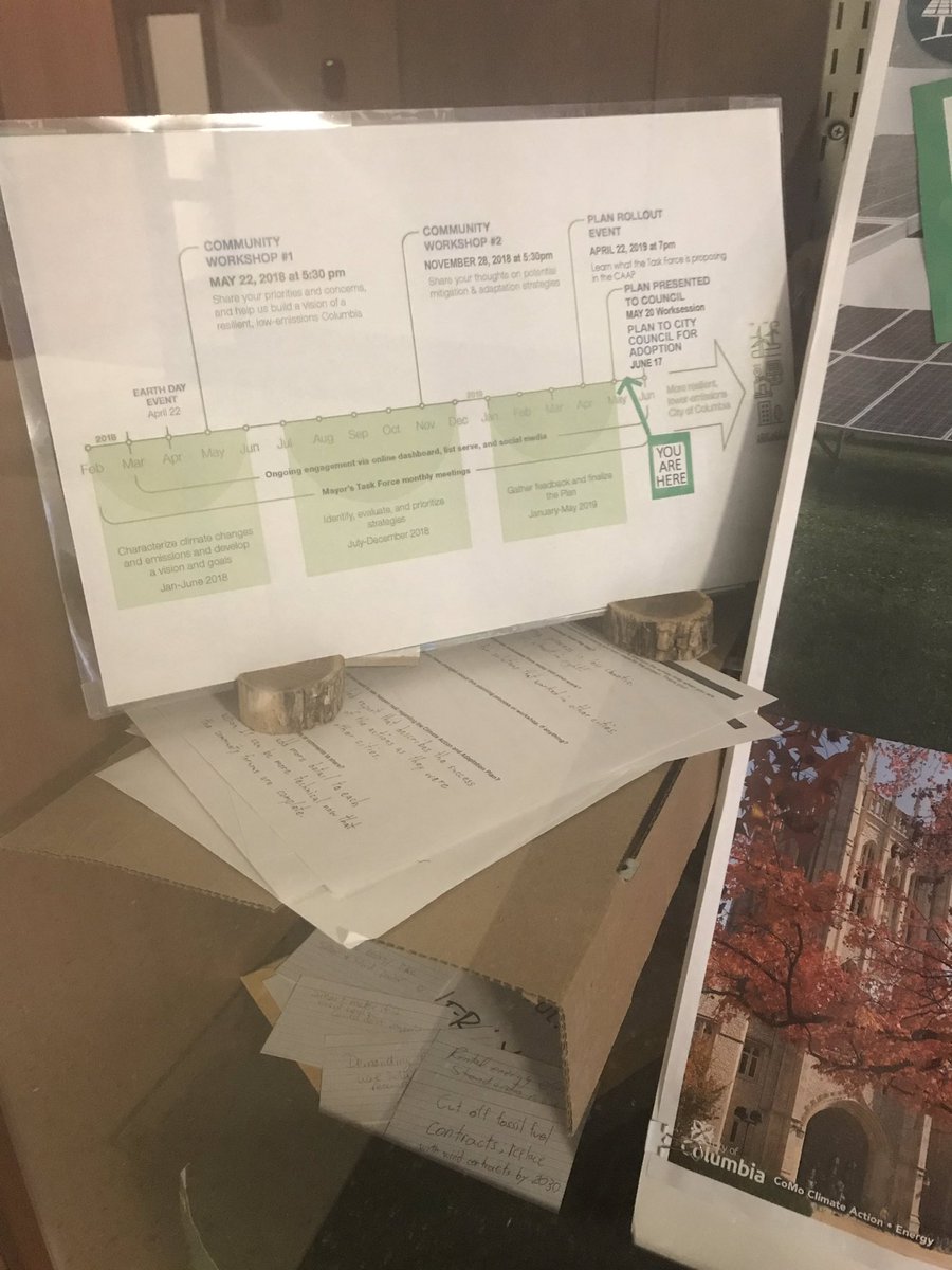 BarbaraBuffaloe's tweet photo. You know what’s hard to do? Capture  18 months of public engagement on the #CoMoClimateAction &amp; Adaptation Plan into 1 display case at @CoMoGov City Hall. #NailedIt Come visit it now - June 28! https://t.co/IOdx348OzU