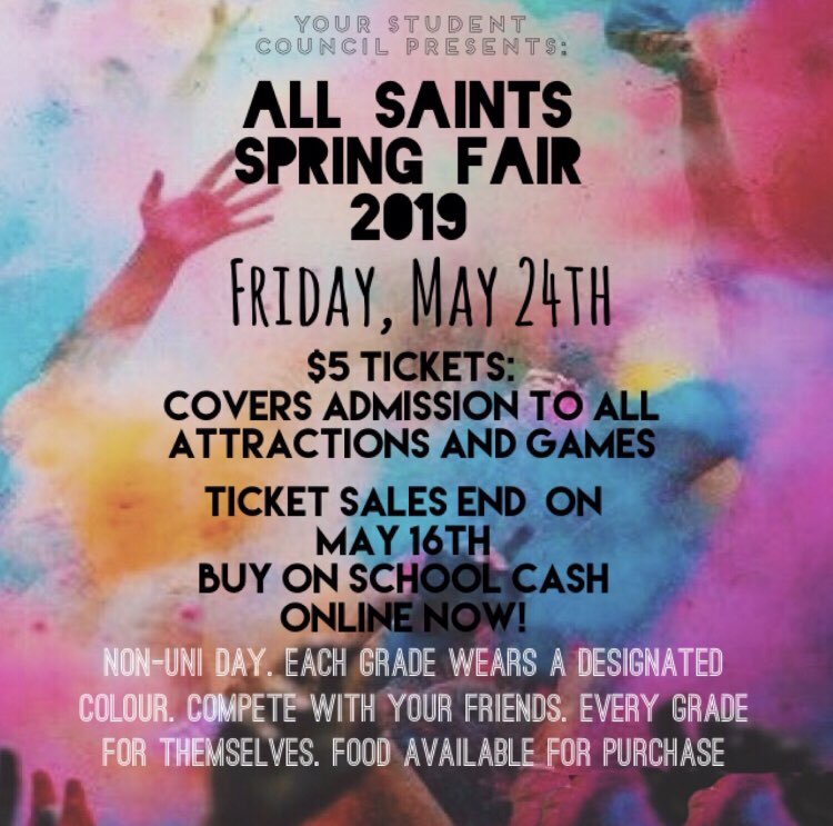 allsaints_sc's tweet photo. The 2018-2019 school year is coming to a close and we’re going out with a bang Titans! Buy your Tickets to our End of the Year Event; Tickets are only $5 on School Cash Online. Sales end on May 16th. See attached poster for more info. #SpringFair #AllSaints #EndOfTheYear https://t.co/K97DKzjl2y