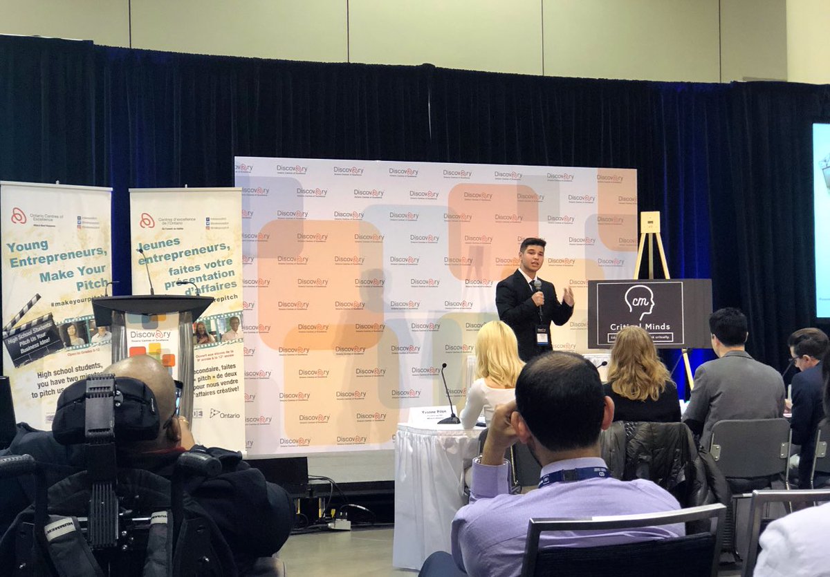 ihubNiagara's tweet photo. We’re so impressed with the quality of #makeyourpitch presentations underway at #OCEdiscovery! Pictured is #NiagaraFalls Secondary student, Anthony Galassi, pitching his business, “Critical Minds”. In his own words “a platform where we, the people, can be critically informed.” https://t.co/2fAytrB21X