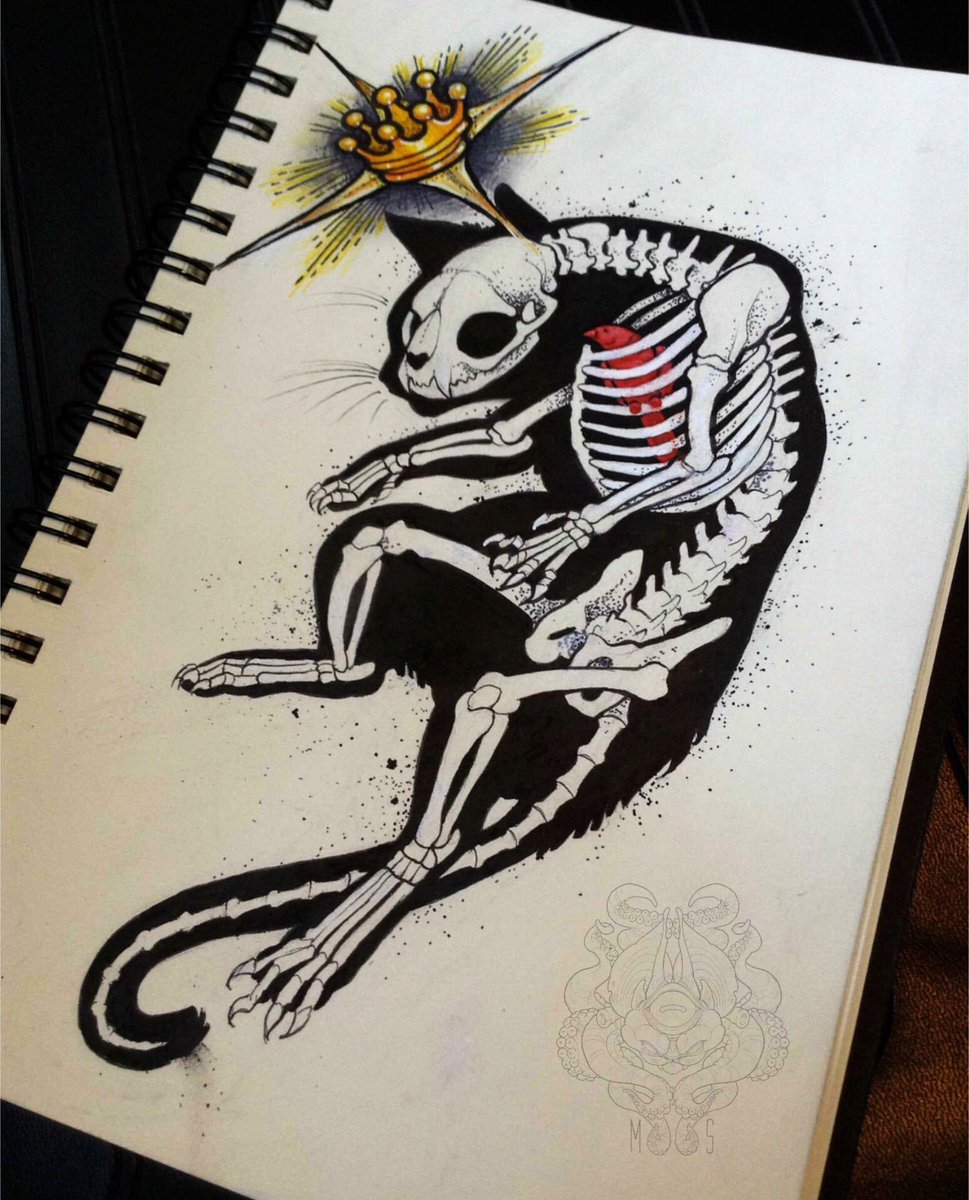MutatedSushi's tweet photo. ‘Bird Caged’
Done on a friend. Cross over between schrodinger and cat sith.

Used sharpies and colorpencil in the drawing.
#tattoo #neotrad #art #cat #zombie #undead #skeleton #design #conceptart #wisconsin #artist #artwork #bodyart https://t.co/n4boEyki8p