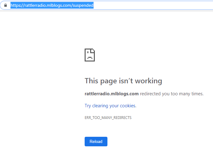 CMehring's tweet photo. Deleted this tweet...Apparently the 'Rattler Radio' blog on @Medium is suspended and isn't the only @MiLB Blog that is affected. See second screenshot for my error message....and yes....I have tried clearing my cookies #MiLBProblems #TechnicalDifficulties https://t.co/QPz0FgRWun