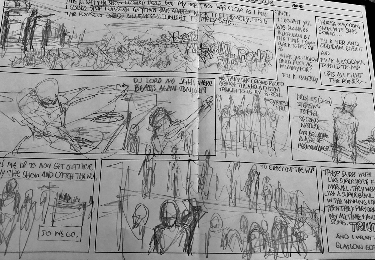 MrChuckD's tweet photo. Folks know me know this is my 113th tour in 32yrs I do artwork in my tourtime.Last ⁦@prophetsofrage⁩ 2018  I did cityscapes #GodsofRapTour 2019 I’m doing a daily comic journal. This just the sketch out update no ink color yet. ⁦@DjLORDofficial⁩ ⁦@HipHopEducate⁩ https://t.co/CzL9ybnzQb