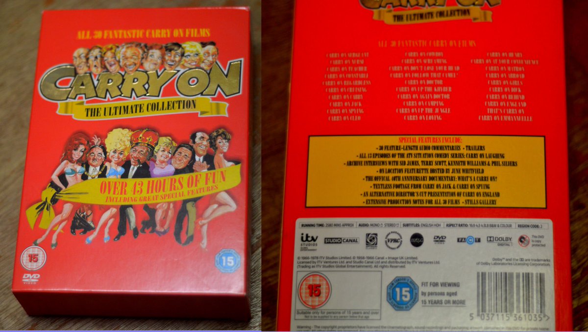 vopiscus_bm's tweet photo. #RetroDVD of the day, #CarryOn Ultimate Collection, 1958-1978, dir Gerald Thomas. Every film except Columbus (no loss!), plus all the TV specials.
Famous (or maybe infamous) for double entendres, puns and one-liners like "Infamy! Infamy! Everbody's got it in for me!". https://t.co/jbllf7Fpjf