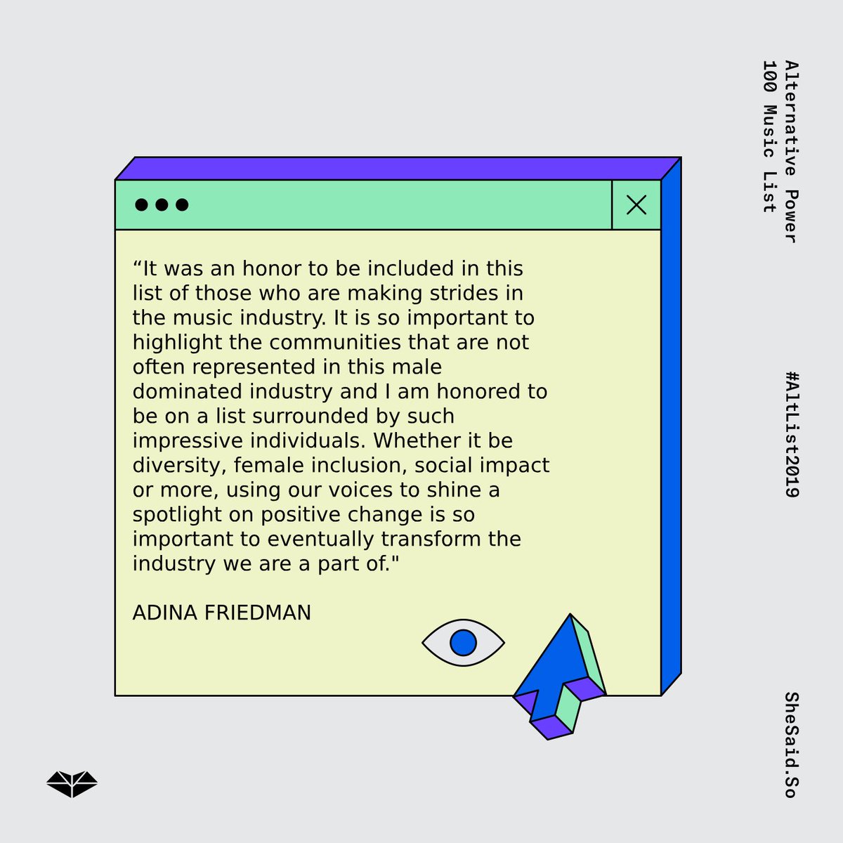 shesaid_so's tweet photo. “Adina is an incredible manager and has built @LindseyStirling and other other careers to an incredible level of success.” Words by @MelissaSabo when nominating @FriendsAtWork’s Adina Friedman for the #AltList2019: https://t.co/TVotD82LIk https://t.co/CnRcxbh1Ol
