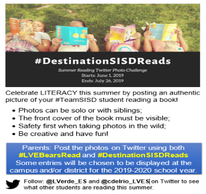 cdelrio_LVES's tweet photo. Get ready #LVE Bears and #TeamSISD for our #DestinationSISDReads Summer Reading Twitter Challenge! Be sure to follow @LVerde_ES and @cdelrio_LVES to see all the great challenge pics! #LVEBearsRead https://t.co/o34vuQ4rta