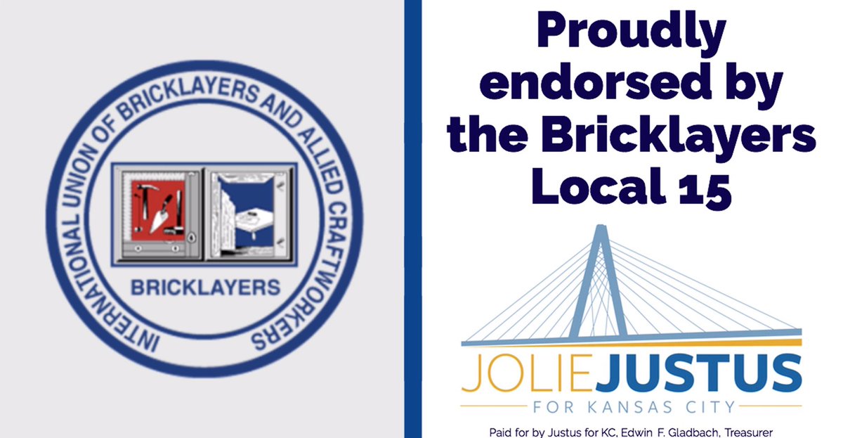 joliejustus's tweet photo. Thank you Bricklayers Local 15 for your endorsement! Proud to work with you to ensure high -paying jobs & a safe workplace for the working women and men of KC. #BuildingKCTogether https://t.co/5HoWolzDcD