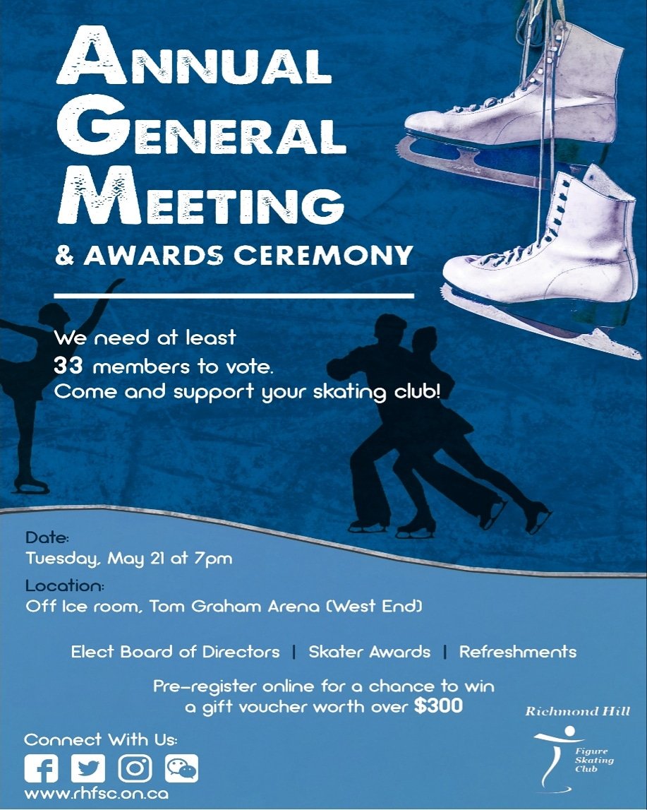 RHFSC's tweet image. Skaters and Families, come on out and support your club's AGM and cheer for your friends' hardwork at the Awards Presentation!!! Don't forget to pre-register ONLINE for the chance to win a gift voucher!!! Of course, come for a light refreshments and social with your friends!!