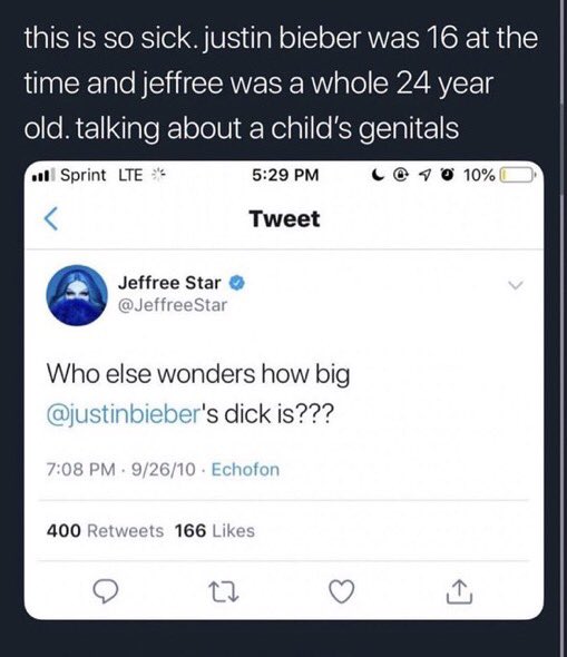 jerebobear's tweet photo. Whos the predator now @JeffreeStar  ? Justin was 16 at the time so your a child predator and a sexual predator? Interesting sis https://t.co/BOxFgLG3y3