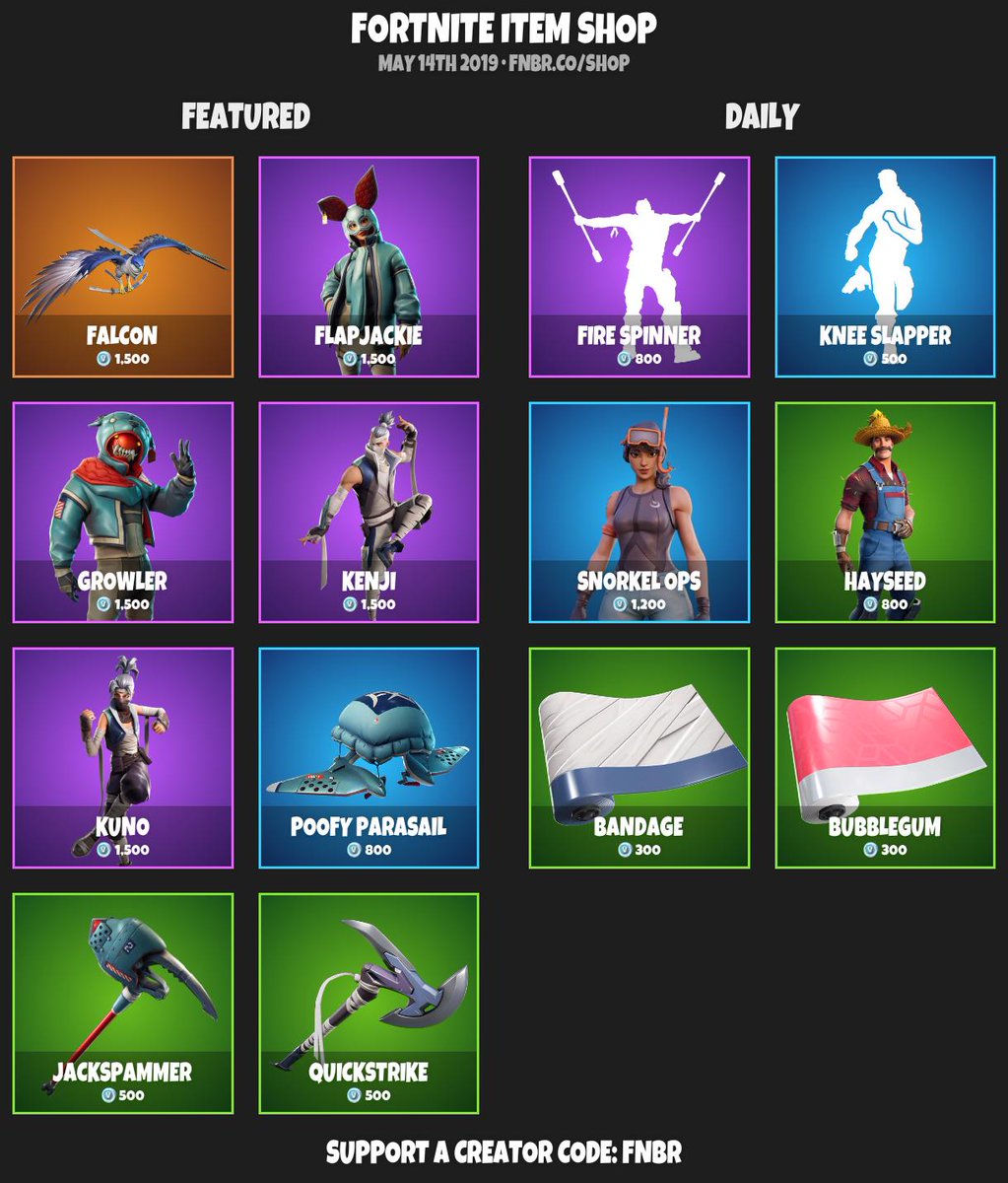 fortnite item shop for may 14th 2019 https fnbr co shop use creator code fnbr if you d like to support us pic twitter com p8xyjxnswv - the fortnite shop tomorrow