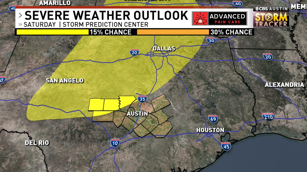 ChikageWeather's tweet image. Saturday is our highest threat for strong/severe storms this week. Good news for those running (or walking, like me) @AustinRunners #Daisy5K ... the severe threat will be afternoon/evening. Saturday am looks fine, patchy drizzle chance, low 70s.
 
@cbsaustin
#cbsaustinwx
#atxwx