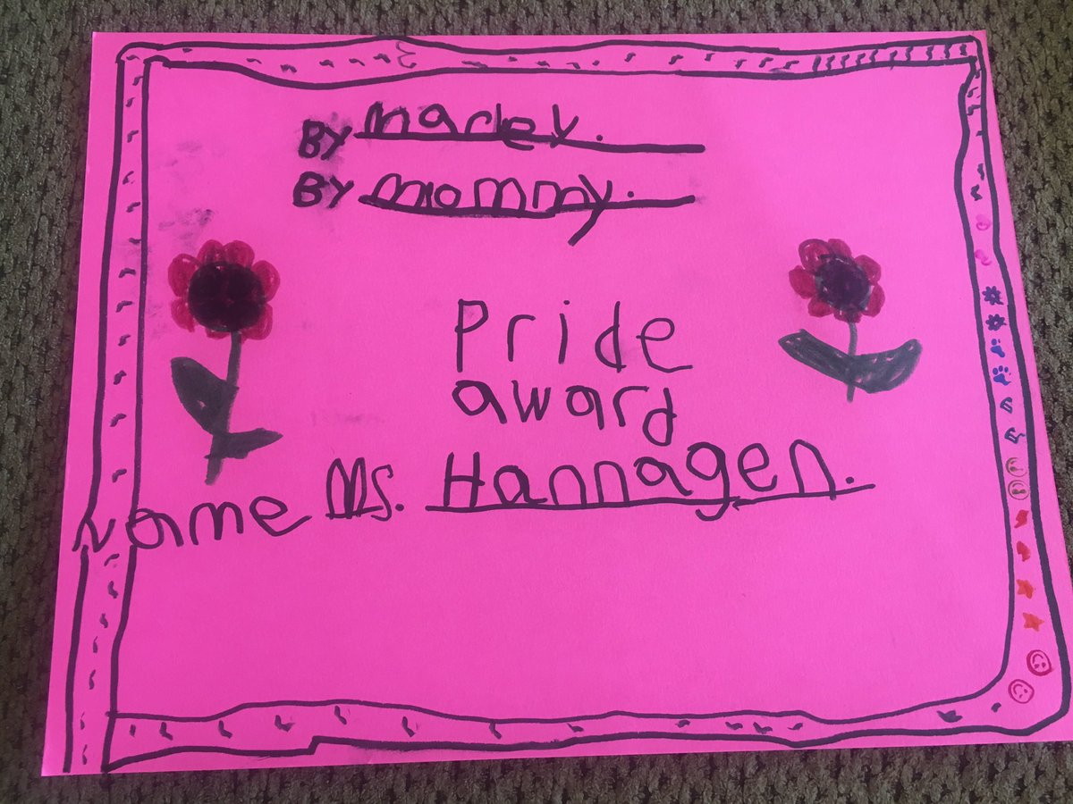 mrsheathercain's tweet photo. When your daughter comes home upset because “all the first grade teachers” got Pride Awards and Ms. Hannegan didn’t.  You let her make one! @202shenanigans @RobinsonPrimary #robinsonisd #shelovesherteacher https://t.co/U288gdxIY7