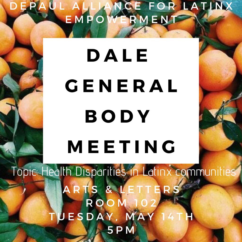 DePaul_DALE's tweet photo. Come out tomorrow as we talk about the health disparities in our latinx communities. Bring a friend along! https://t.co/BvAjUGAxu5