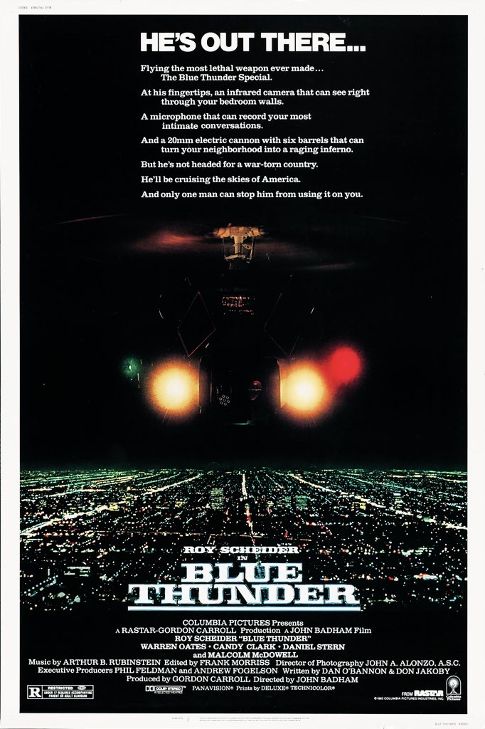 FilmNewsNos's tweet photo. 🎬MOVIE HISTORY: 36 years ago today, May 13, 1983, the movie 'Blue Thunder' opened in theaters!

#RoyScheider #MalcolmMcDowell #DanielStern #CandyClark #WarrenOates #JoeSantos #PaulRoebling #DavidSheiner #AnthonyJames #EdBernard #JasonBernard #MarioMachado #JackMurdock https://t.co/0Jn1y3yvB2