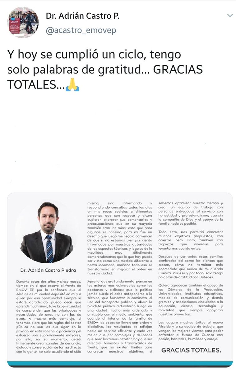 Adrián Castro, Gerente de la <a href="/emov_ep/">EMOV EP Cuenca</a> hasta hoy, envía mensaje de agradecimiento y despedida en redes sociales.