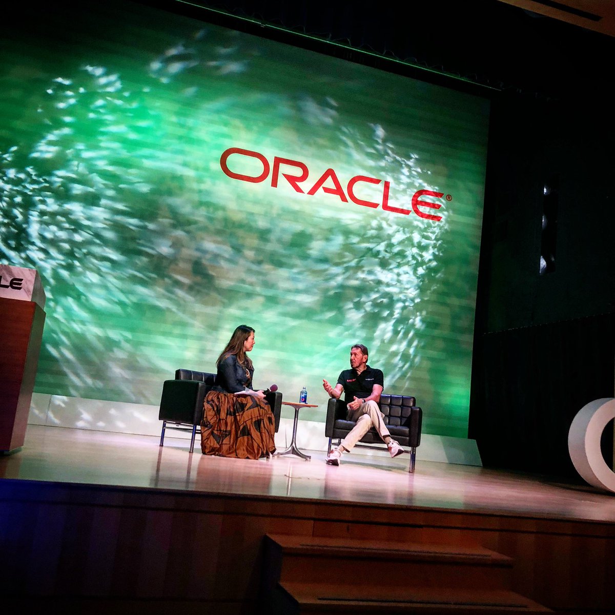 hillel's tweet image. What an amazing end to day one of #oracledesign week 2019. SVP of UX Design @helveticagirl interviewing @larryellison on stage about his vision for and commitment to the design renaissance at @oracle.