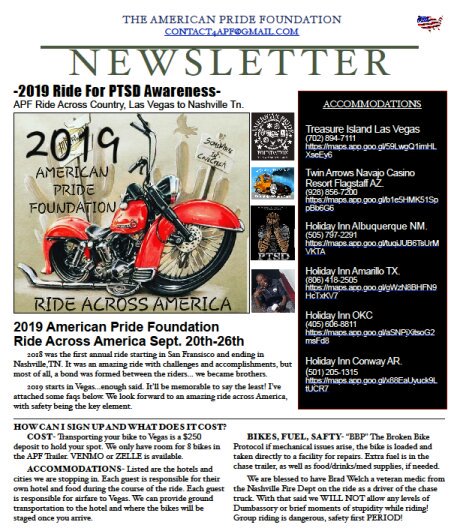 2019 @TheAPFoundation 2nd annual #RideAcrossAmerica!! DM or email the American Pride Foundation. Info in the newsletter below!! Great cause!! #PTSD #PTSDAwareness 👍😎 Might even see me riding a @harleydavidson!! 🇺🇸