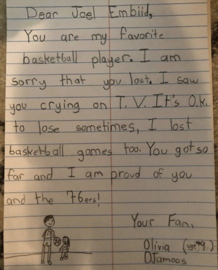 JClarkNBCS's tweet photo. 9 year old Sixers fan wrote a heartwarming letter to @JoelEmbiid 
after seeing him cry after loss
#Sixers https://t.co/LOCr7M5DX0