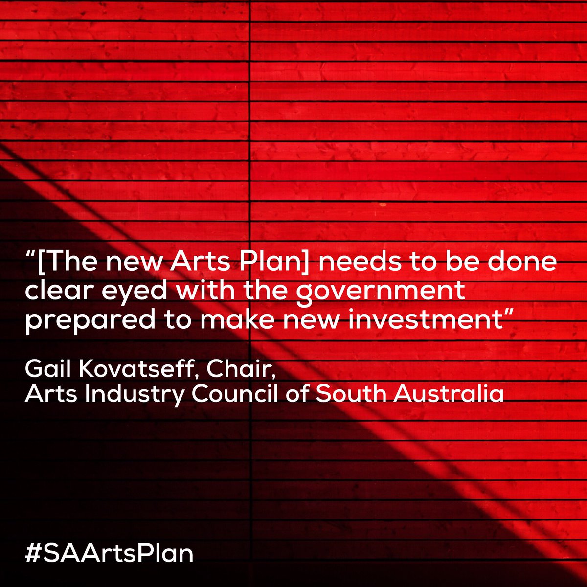 AICSAinc's tweet photo. “[The new Arts Plan] needs to be done clear eyed with the government prepared to make new investment” – Gail Kovatseff, Chair, Arts Industry Council of South Australia (from ‘State of play in the arts’, Adelaide Review <https://t.co/CsVIYO2Vyg)

#SAArtsPlan #ArtsPlan https://t.co/jgRSjllPRl