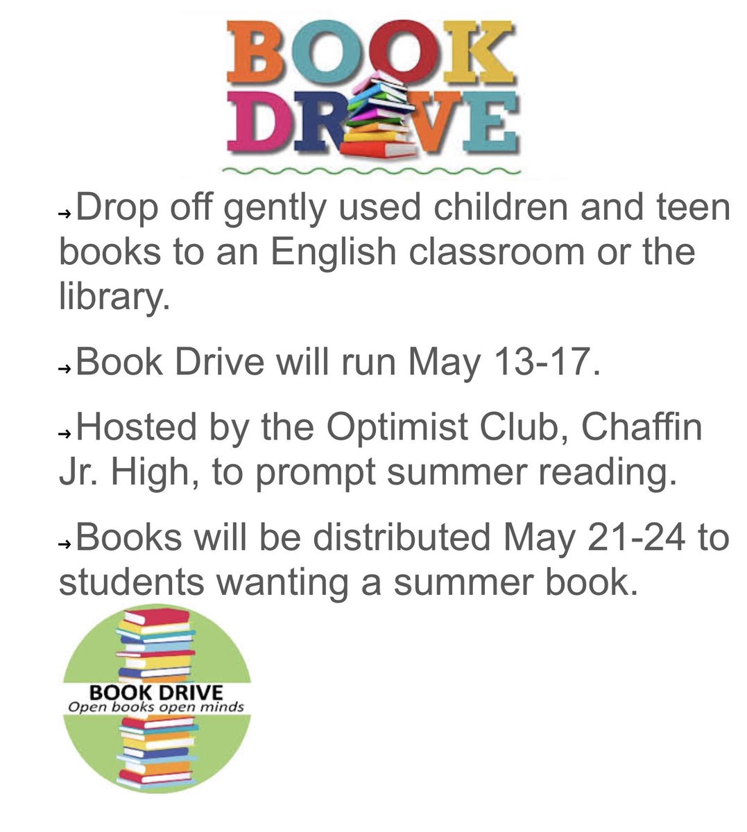 CJH Summer Book Drive. Books will be displayed next week &amp; students are welcome to select books for Summer reading - or take a book for younger siblings. Please RT &amp; help us get more books. For questions see Mrs. Russell, Mrs. Tilley or an Optimist Club member. Thanks!📗📕📗📘📚