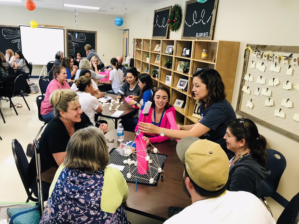 NISDEllison's tweet photo. A little fun after a smooth STAAR testing day... Vertical teams worked together to build the tallest marshmallow tower. Everyone wins when we all have fun! #Teamwork #Communication #ProblemSolving #ThisIsEllison #Year5intheHive! 🐝 https://t.co/MpwJkAmLtZ