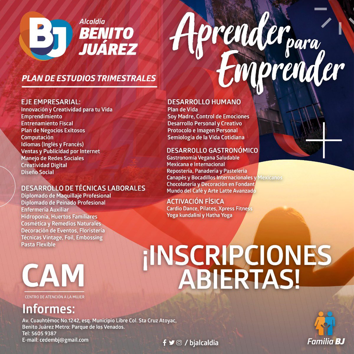 BJAlcaldia's tweet photo. Conoce la oferta educativa del Centro de Atención a la Mujer (CAM), acércate y adquiere las habilidades y conocimientos que te permitirán #AprenderParaEmprender. Inscripciones abiertas. https://t.co/MFQOtcfcgi