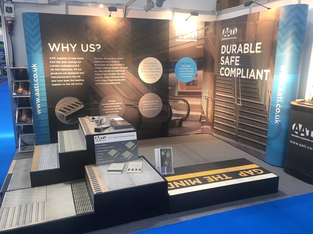 AATiUK's tweet photo. Come visit our stand #N44 at the #Railtex2019 show! See our new Value Engineered range of #antislip #stairnosings #castmetal #Value #Engineering https://t.co/OAqL2VQlou