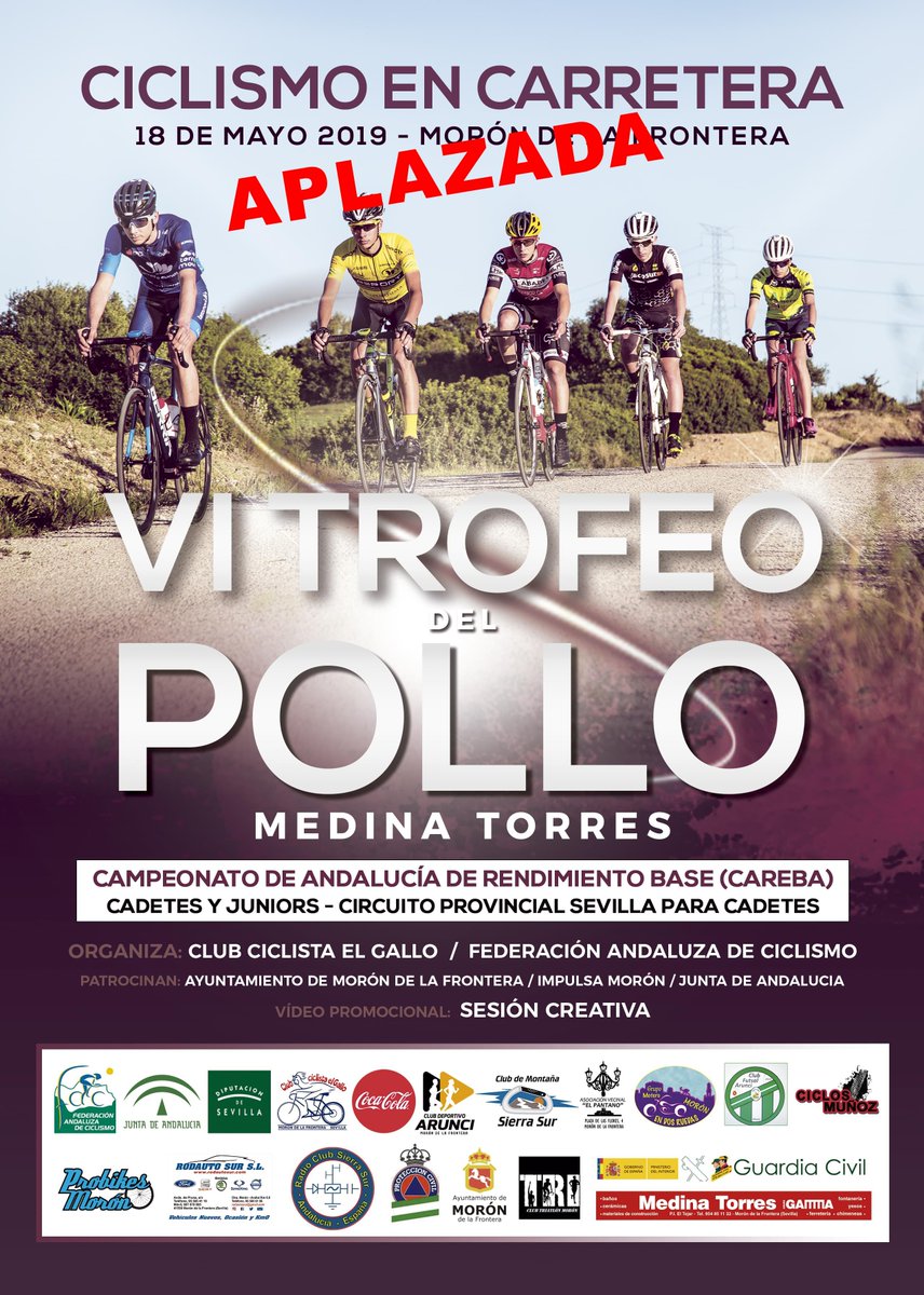 ⚠️#AVISO⚠️

El VI TROFEO DEL POLLO MEDINA TORRES, previsto para este sábado 18 de mayo en #MorónDeLaFrontera dentro del #CAREBA2019 Cadete y Júnior y del #circuitosevillaescuelasycadetes, se APLAZA. 

ℹ️Próximamente publicaremos la nueva fecha de celebración.