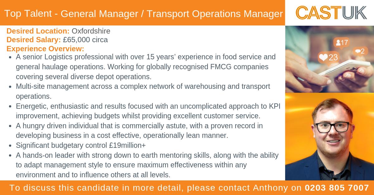 Cast_UK's tweet image. TOP TALENT - is in search of a General Manager or Transport Operations Management role with 15 years experience in food service and general haulage. To discuss in more detail contact Anthony on 0203 805 7007.

#TopTalent #GeneralManager #LogisticsCandidate #TransportOperations