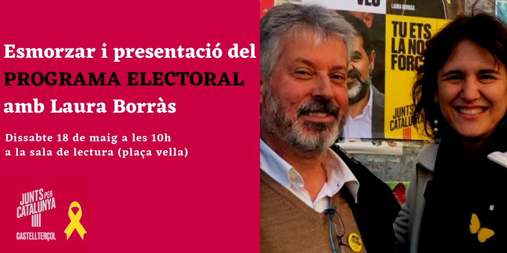 JuntsXcastell's tweet photo. Presentació del programa electoral
📂📂 
Dissabte 18 de maig a les 10h
a la sala de lectura (plaça vella)
amb @lborras_jxcat https://t.co/g7yzF1HKvb