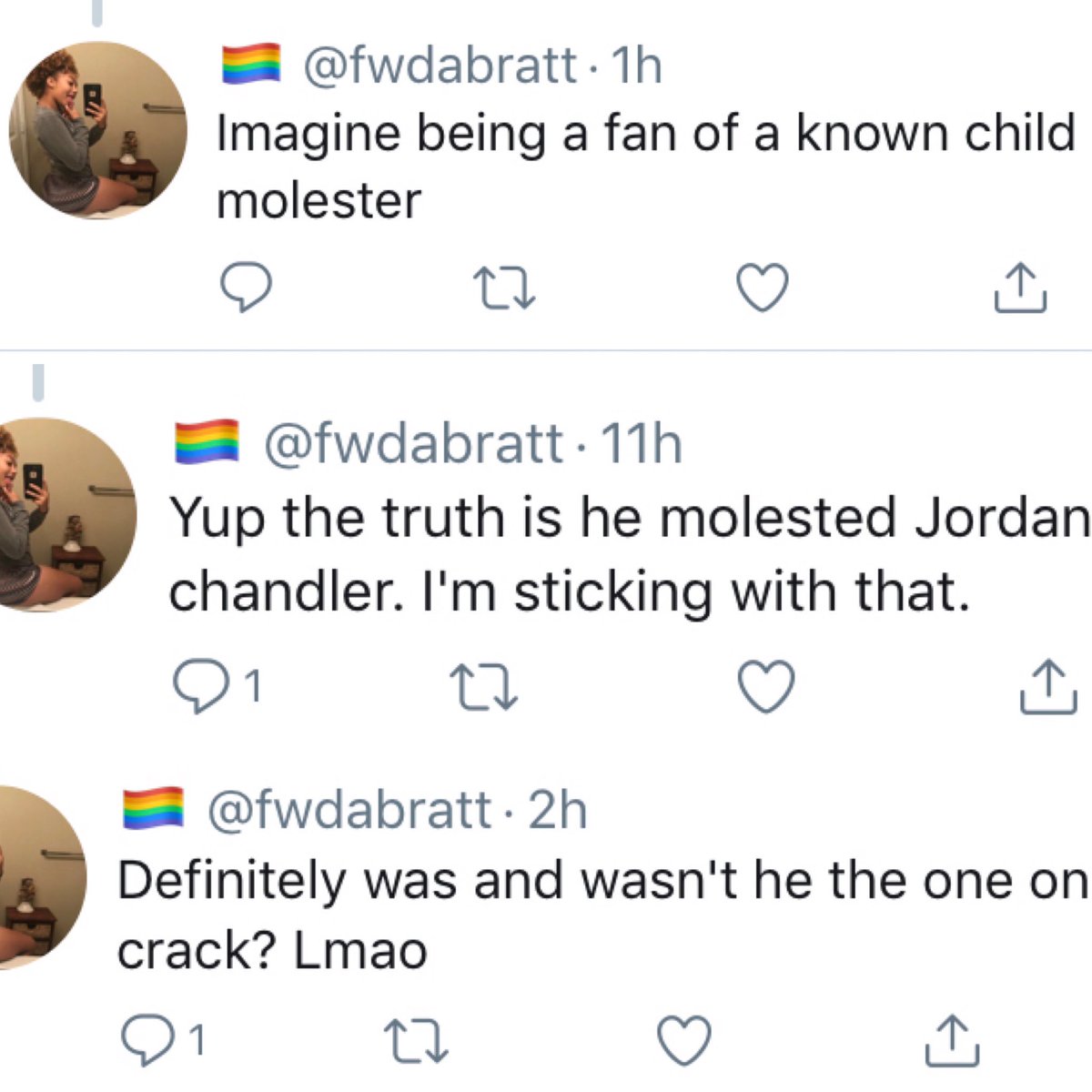 Please block this troll #mjfam! 

I can see some of my followers are following her so just giving you guys a heads up,

She was defending mj only a few months ago,she’s either dumb or was never really a fan because she’s switched &amp; is now trolling fans

@ fwdabratt

#mjinnocent