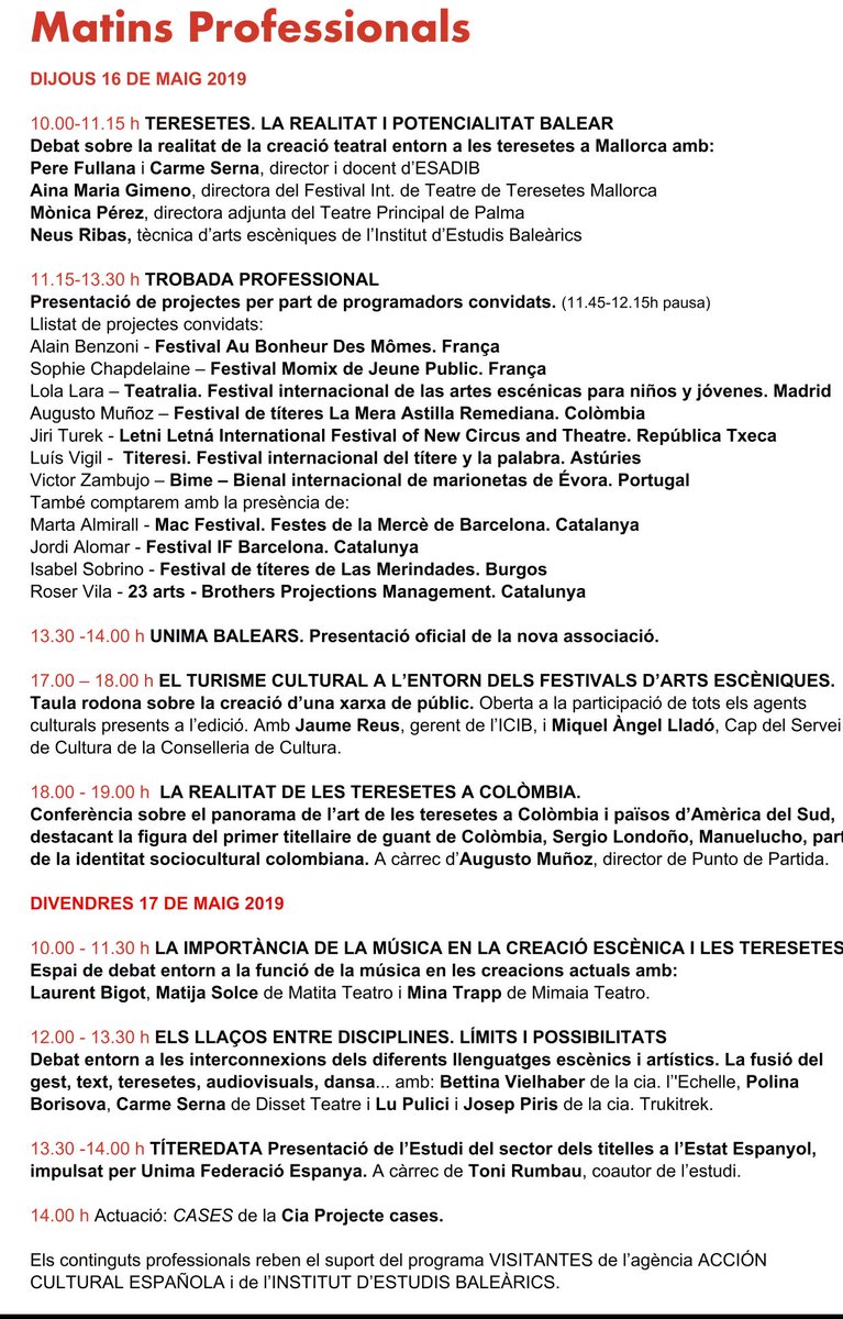 FestTeresetes's tweet photo. Matins professionals 2019
16 i 17 maig
#trukitrek #joseppiris #mimaiateatro #minatrapp @tonirumbau #ifbarcelona #jordialomar #martaalmirall #FestesLaMerce @23arts #unima @DissetTeatre #CarmeSerna @teatreprincipal @monp77 @ESADIB @perefullanamas #neusribas @jaumereus #MiquelALlado https://t.co/gDV7MVAG4L