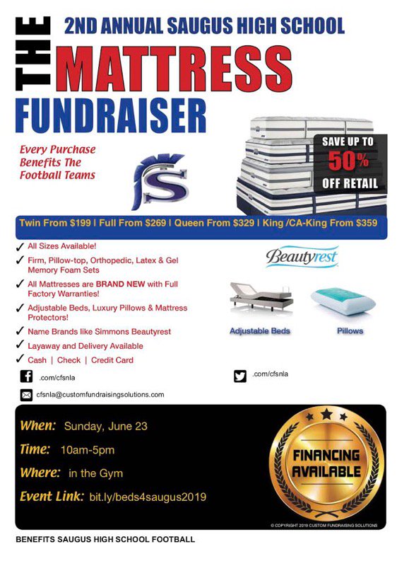 Need a mattress? Look no further and come 6/23 in the Saugus high gym and get yourself a great deal! #GoCenturions