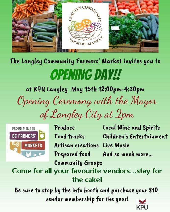 You're invited to Opening Day of the Langley Community Farmers' Market is this Wednesday. 12:00-4:30. Hope to see you there 🍓 #lcfm #langleycommunityfarmersmarket #langleyfresh #discoverdowntownlangley