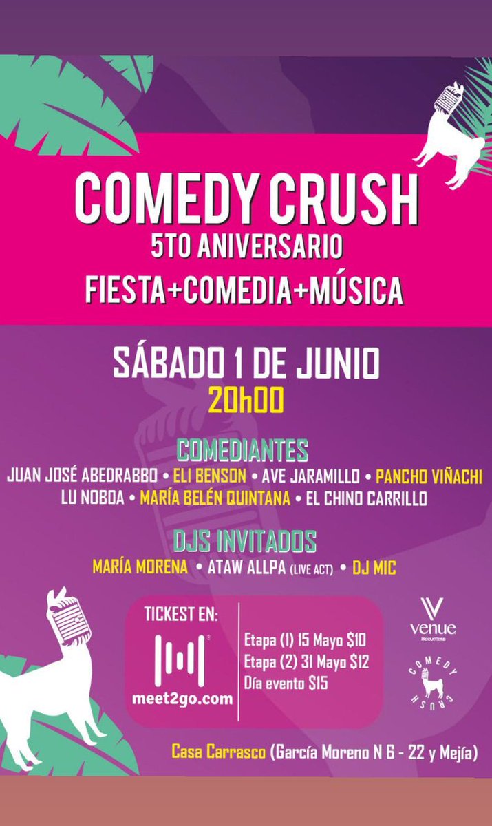 ComedyCrushEC's tweet photo. Nos vemos el 1de Junio en Casa Carrasco para festejar nuestro quinto aniversario.
#Quito #Ecuador #ComedyCrush https://t.co/3XQxQ2Z6AU