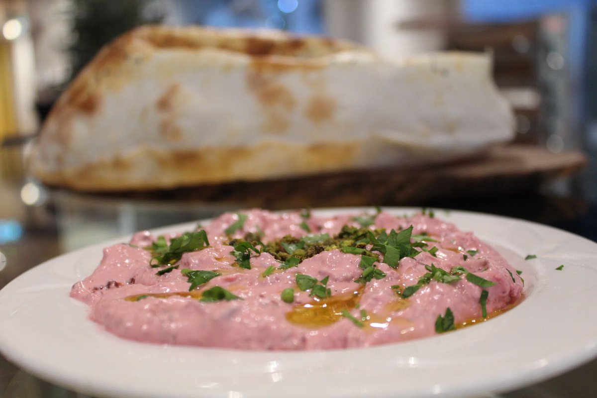 PINK LADY 💕

Finely grated, roasted beetroot with garlic &amp; yoghurt, sprinkled with crushed pistachios 🙌🏻 The perfect side for dipping your flatbreads!