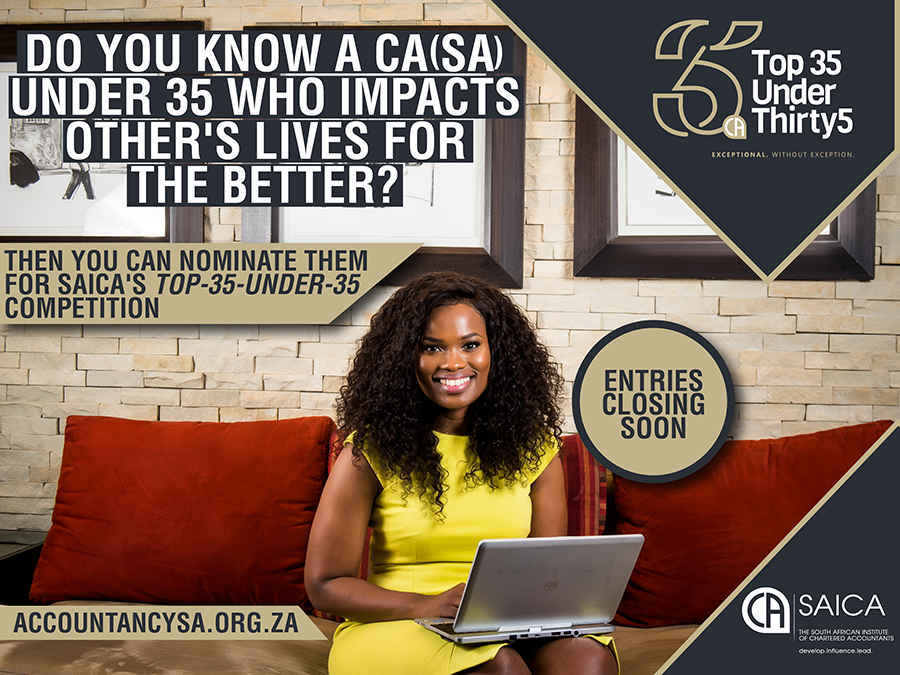 saica_za's tweet photo. Hurry and enter! ~ Do you know a CA(SA) under the age of 35 who is exceptional in their profession? Then you can nominate them for SAICA's Top-35-under-35 competition. Define the future: https://t.co/7cjGnzvs9b #Top35u35 @Gerinds @LyleMalander #ProudlyCA(SA) @Andile_Khumalo https://t.co/OF3GexPMsm