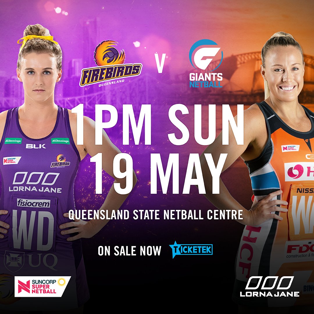 Support your <a href="/firebirdsqld/">Queensland Firebirds</a> in their <a href="/supernetball/">Suncorp Super Netball</a> Round 4 clash with the <a href="/GIANTS_Netball/">GIANTS Netball</a>. Free public transport for all ticket holders. Doors open 12 noon for 1pm game. Tickets here bit.ly/2vp6MoZ #IAMFIREBIRD #WINGSOFFIRE