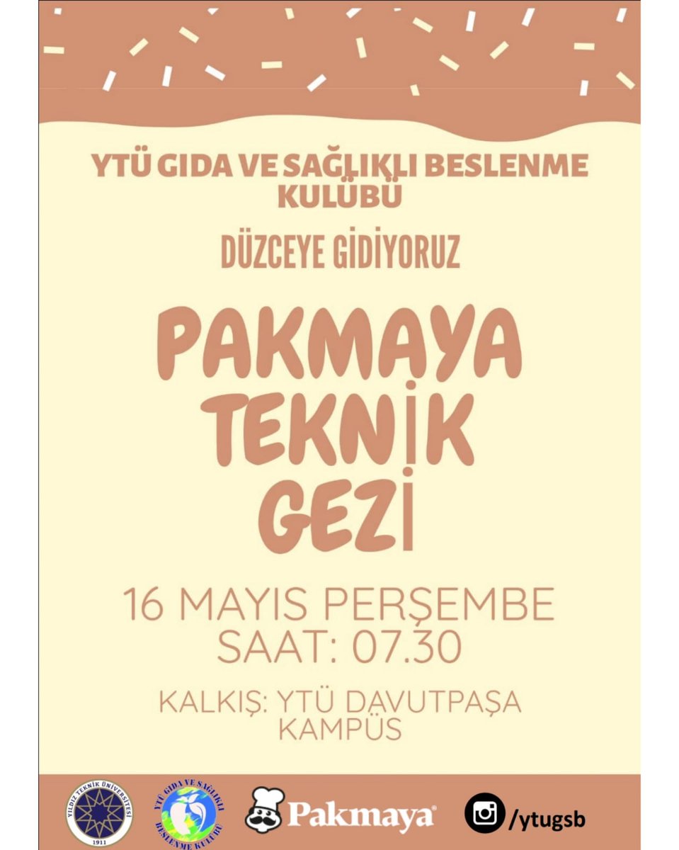 Merhabalar!
Yeni bir teknik geziyle karşınızdayız.
16 Mayıs Perşembe günü Düzce'de bulunan PAKMAYA fabrikasına teknik geziye gidiyoruz.
Kalkış: 07.30 YTÜ Davutpaşa Kampüsü
İletişim için:
Dönemin son teknik gezisinde görüşmek üzere!