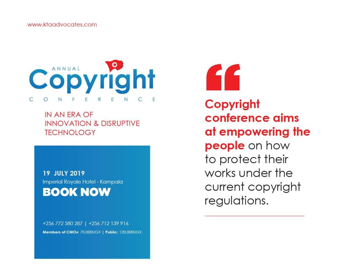 kta_law's tweet image. The 2019 #Copyrightconference 

Date : 19th July 2019
Venue : Imperial Royale Hotel

Send us a message for details on how to get a ticket or use the Quicket Uganda link to get one online ⏬⏬

qkt.io/CopyrightConfe… 

#InnovateGrowDiscover #Copyright #UOT #intellectualproperty