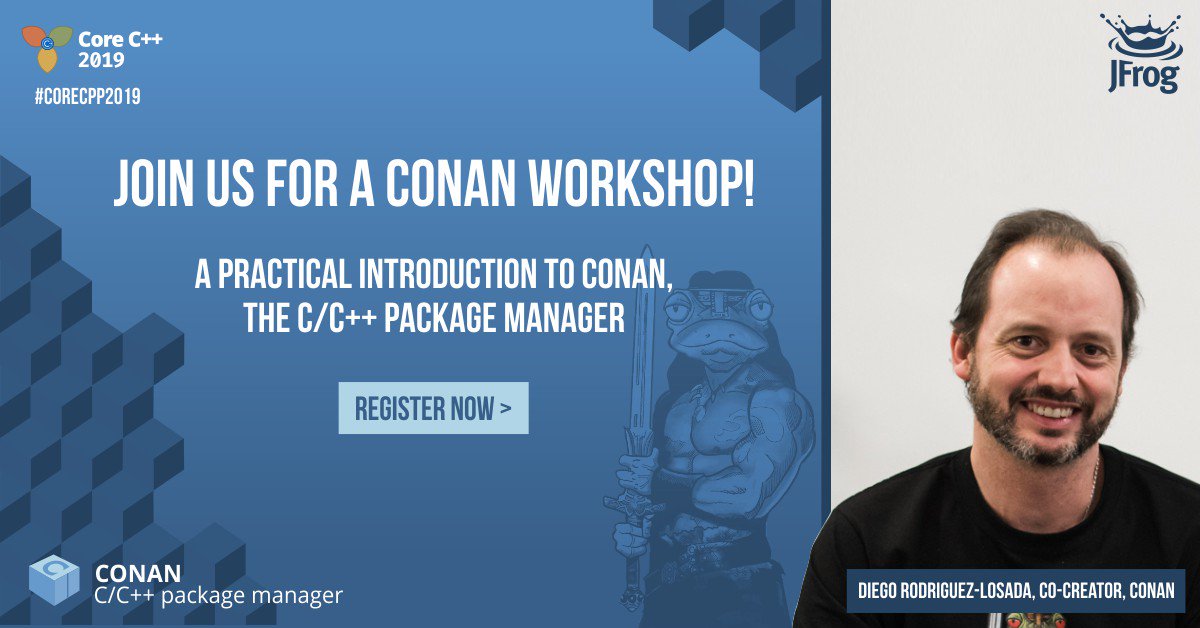 jfrog's tweet image. This week! Join the @conan_io Team at #CoreCPP2019!
Save your spot for the workshop: okt.to/IauFdA
