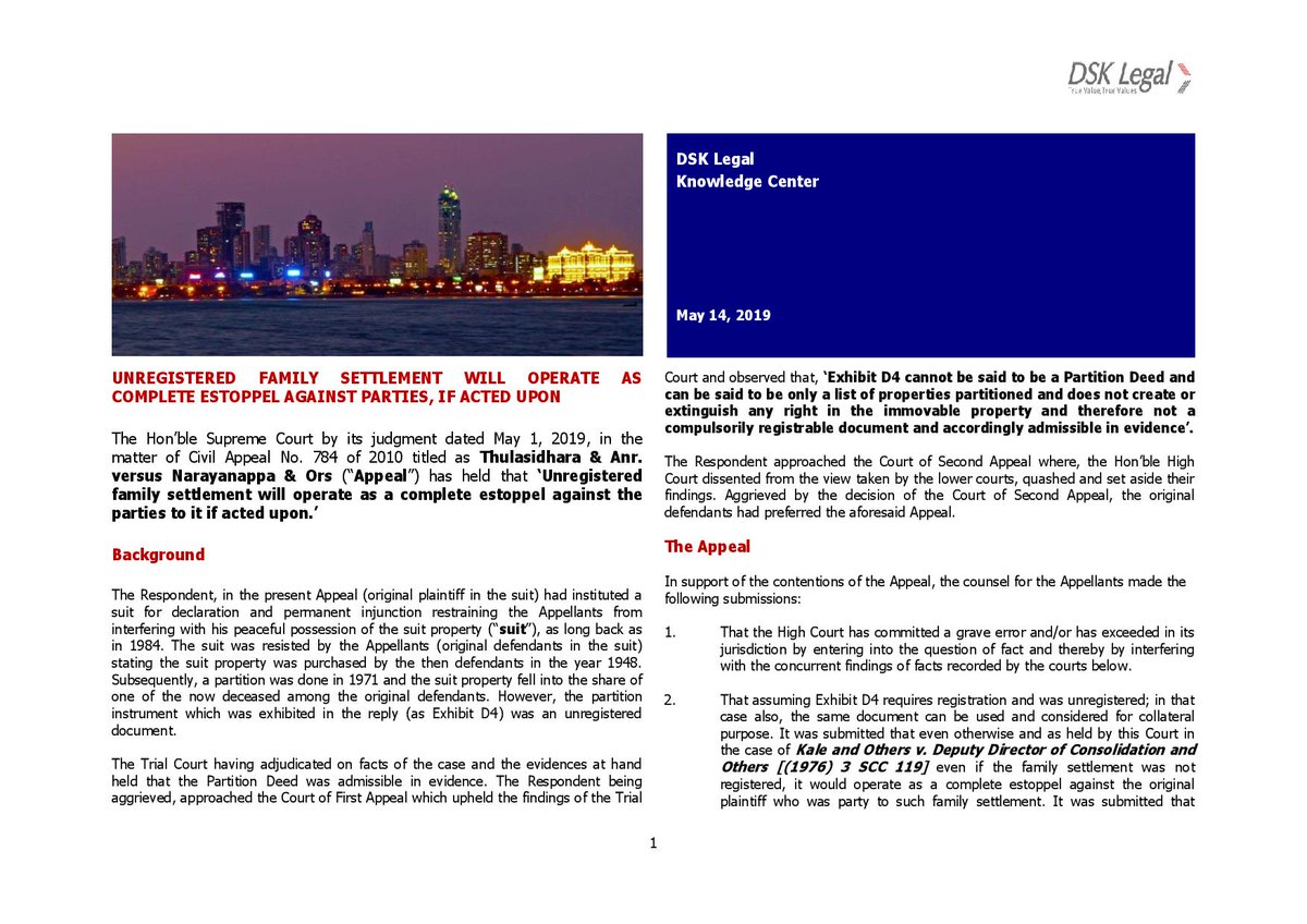 Salinee Ranjan and Aayushi Singh highlight the recent SC judgement on unregistered family settlement deeds, in our latest Article #sc #unregistered #FamilySettlement #article
 
Please click on the link below to read:
dsklegal.com/wp-content/upl…