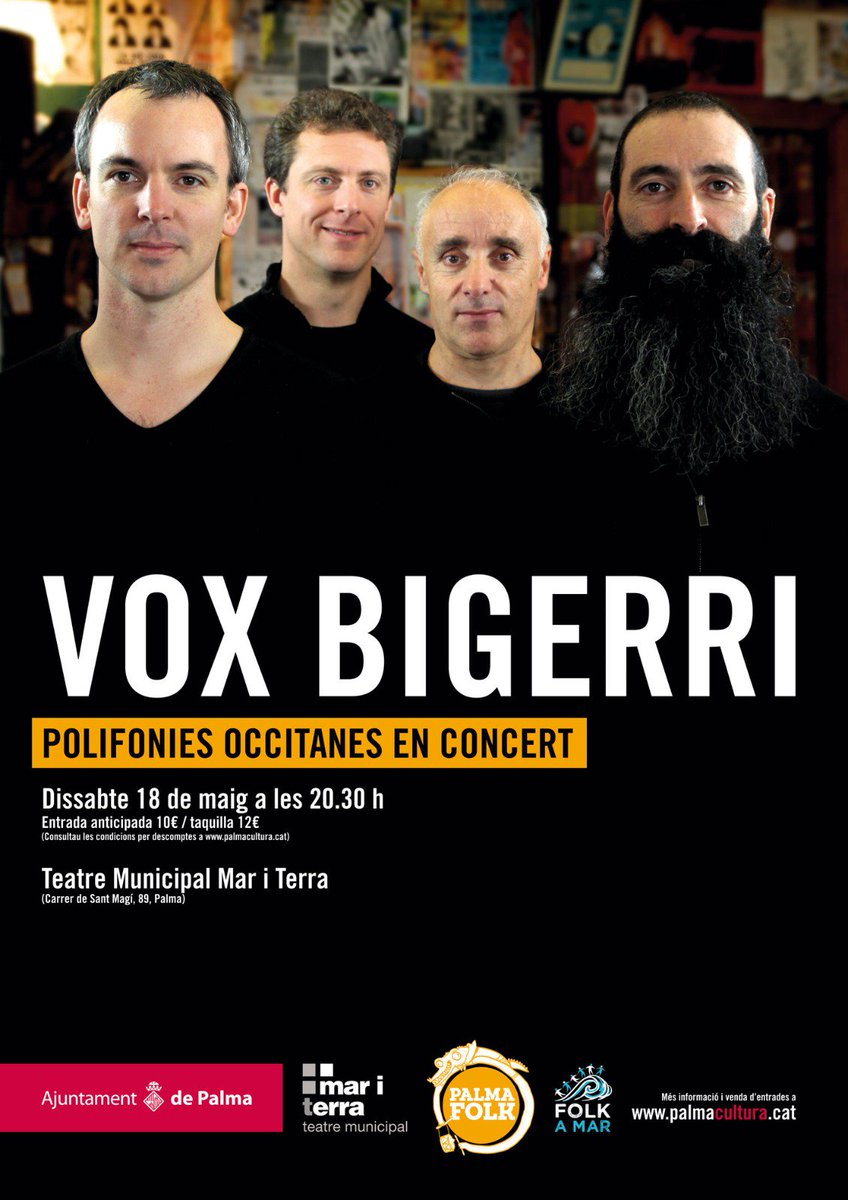 #Bondia! Seguim amb el #PalmaFolk! Aquest cap de setmana amb Vox Bigerri al Mar i Terra 🎶 Polifonies occitanes en concert! ℹ️ Informa-te'n a palmacultura.cat ❤️ <a href="/PalmaCultura/">Palma Cultura</a> #Palma #Cultura #Música #Folk #PalmaCreativa <a href="/teatresajpalma/">Teatres Municipals de Palma</a>