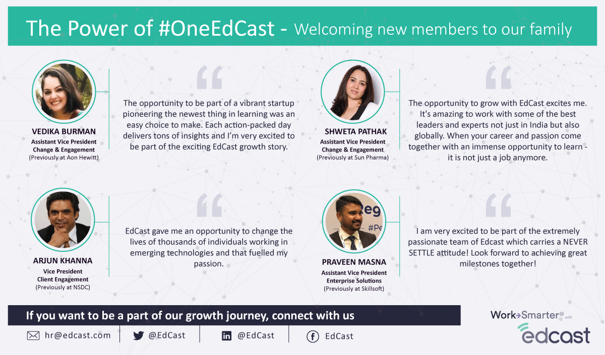 EdCast's tweet photo. Say hello to our new members in the EdCast family. Their powerful startup mindset, zeal to learn, and passion for innovation will help us deliver value to our clients.

We welcome Arjun Khanna, Vedika Oberoi, Praveen Masna and Shweta Pathak to #OneEdcast https://t.co/HdUiWynuNQ
