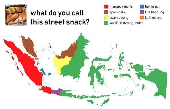 Mari kita lihat masing-masing daerah penyebutan. Mayoritas Sumatera dan Jawa bagian Barat menyebut martabak manis. Jawa Timur dan sebagian Kalimantan dan wilayah Timur menyebut terang bulan. Melayu apam. Daerah asli Hok Lo Pan. Sementara galaksi Jawa Tengah menyebut KUE BANDUNG!