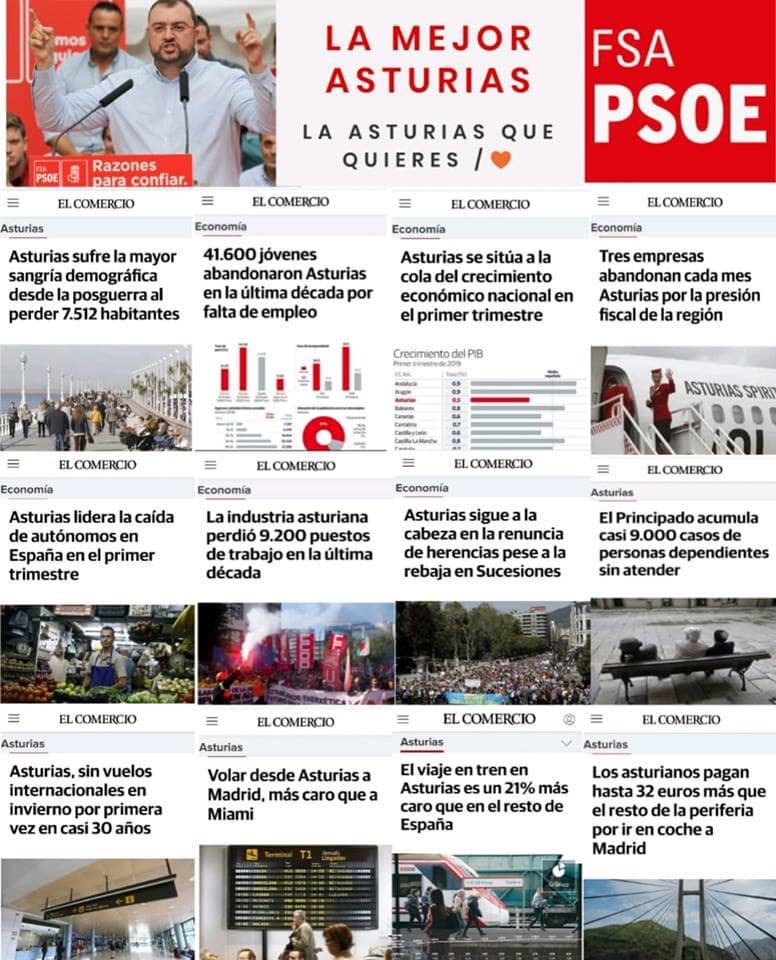 Estos 11 titulares son un reflejo de lo que el #PSOE ha hecho nuestra región ¿Esta es la Asturias que quieres? 🤔🗣🔽
✅ Despoblación
✅ Presión fiscal
✅ Desempleo 
✅ Sucesiones
Unamos el voto en torno a Teresa Mallada De Castro
  ⏩ bit.ly/2Ki4pP5 🇪🇸